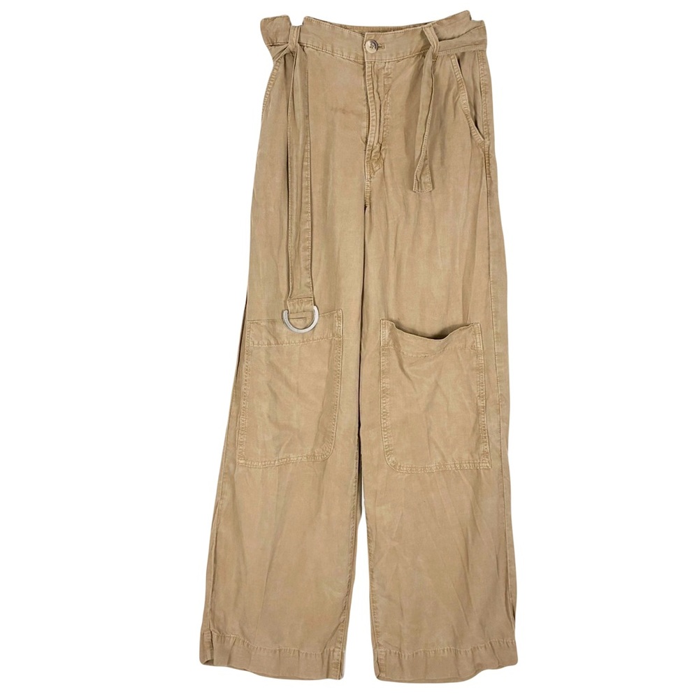 Zara Pants S Brown Linen Wide Leg Belted